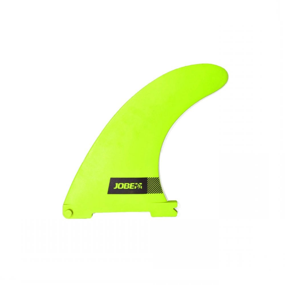 Neon green surf fin with a jobe logo on a white background