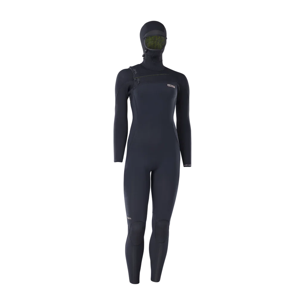 Front view of the black ION Amaze Amp 6/5 hooded front-zip women's wetsuit, article 48273-4529