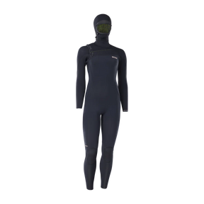 Front view of the black ION Amaze Amp 6/5 hooded front-zip women's wetsuit, article 48273-4529