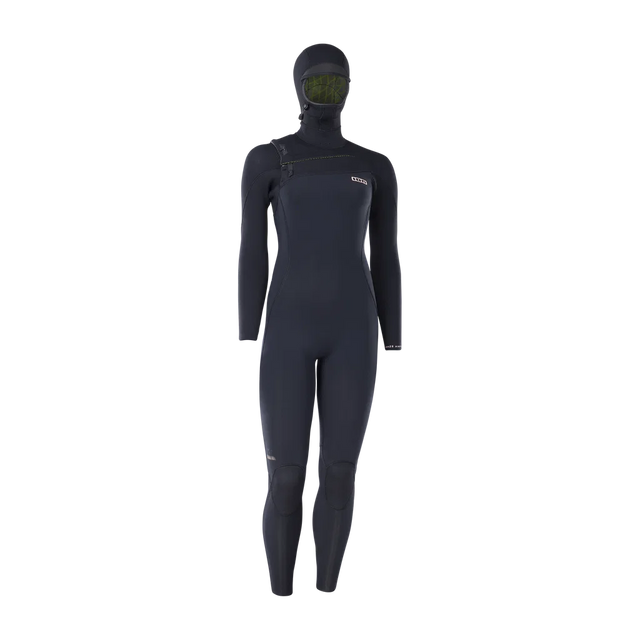 Front view of the black ION Amaze Amp 6/5 hooded front-zip women's wetsuit, article 48273-4529