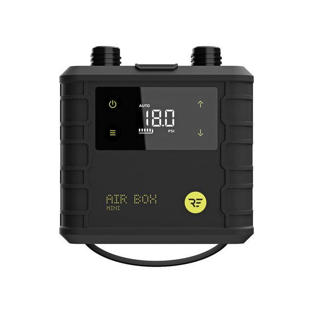 Ride Engine Air Box Mini rechargeable electric pump, black compact unit with digital pressure display and inflation ports