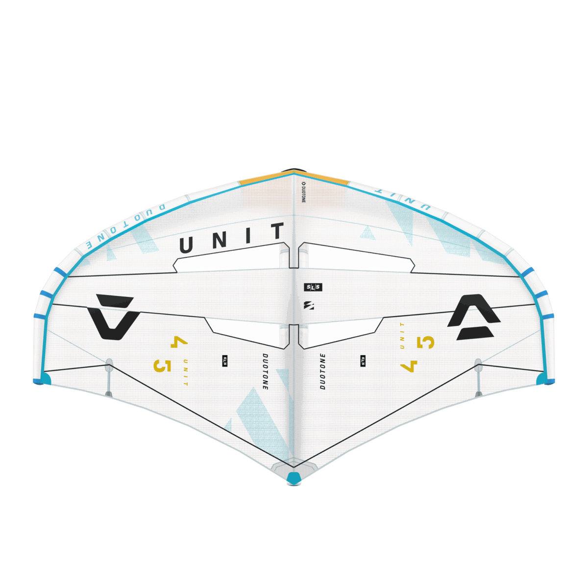 Front view of 2025 Duotone Unit SLS Concept Blue foil wing and its undyed PentaTX frame