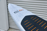 Pointed nose and front deck pad of the Code Foils Downwind SUP board