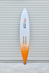 Full underside view of the Code Foils Downwind SUP board and twin foil tracks