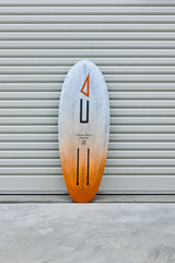 Full underside view of the Code Foils Prone board and twin foil tracks