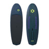 Front and back views of a Duotone stand-up paddle board on a solid white background. The board features a dark teal and navy blue textured pattern with neon yellow-green and purple branding details.