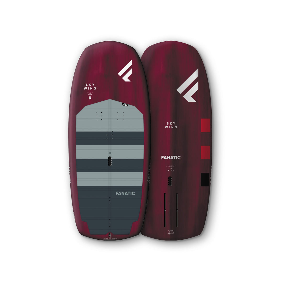 Fanatic Sky Wing 4'8 55L 2021 wing foil board, burgundy and grey manufacturer deck and underside views