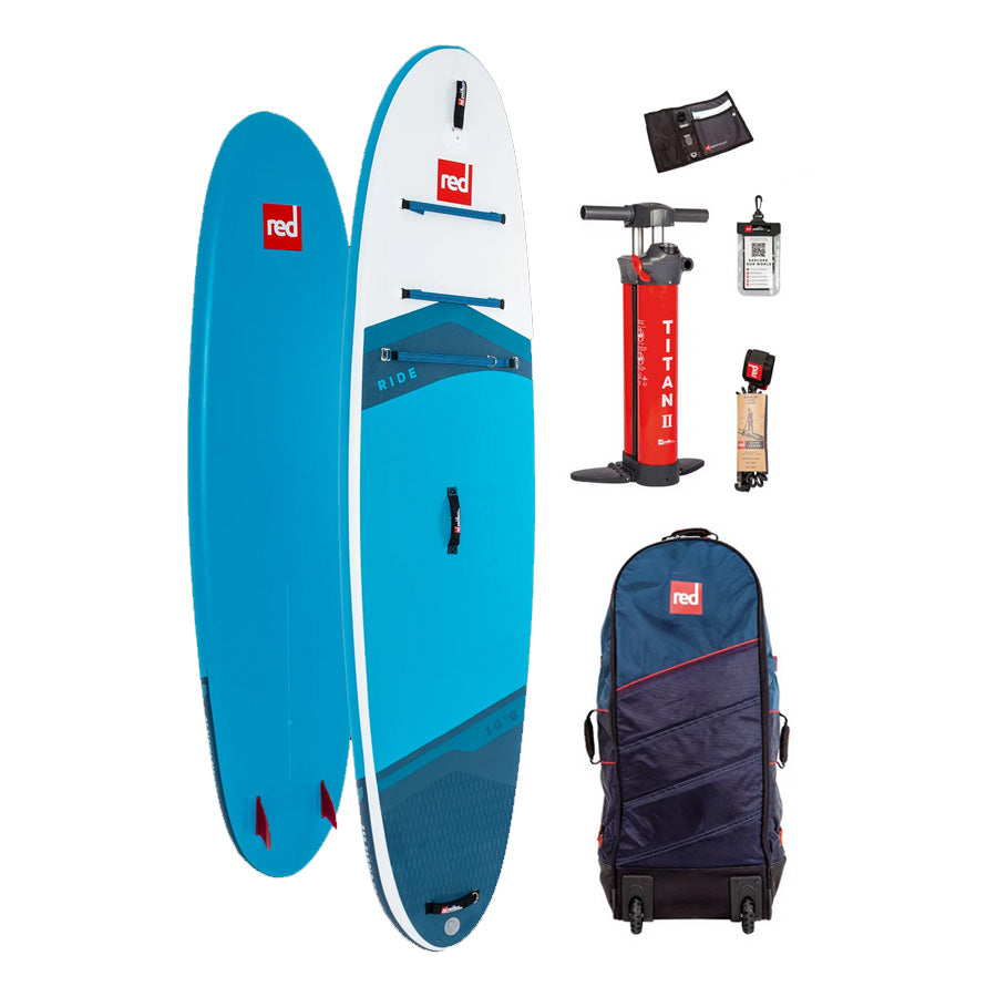 Red Paddle Co 10'6 Ride inflatable paddleboard package in blue from The SUP Company