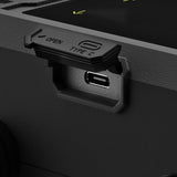 Close-up detail of USB-C charging socket on Ride Engine Air Box Mini with flap open